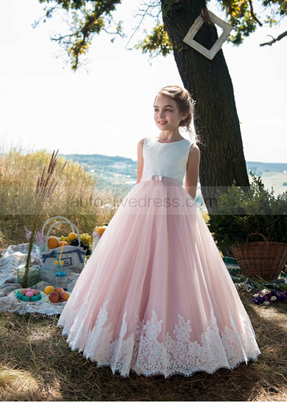 Ivory Lace Pink Tulle Corset Back Sweetest Flower Girl Dress